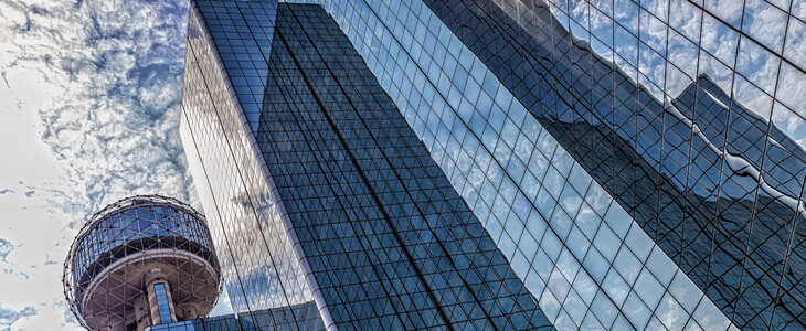 Skywards view of skyscraper buildings in downtown Dallas