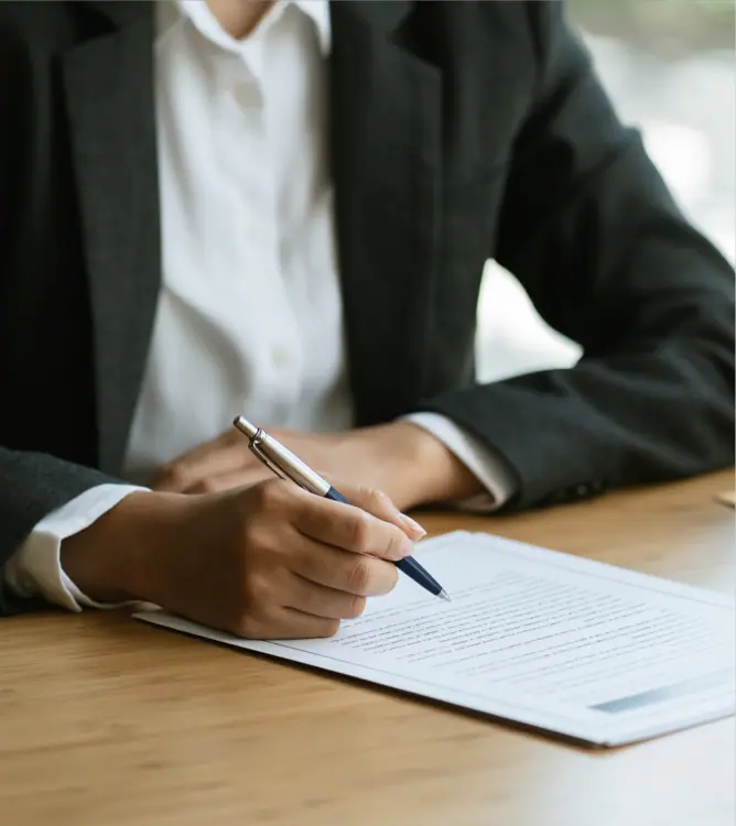 Man seated at desk signing a legal document