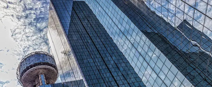 Skywards view of skyscraper buildings in downtown Dallas
