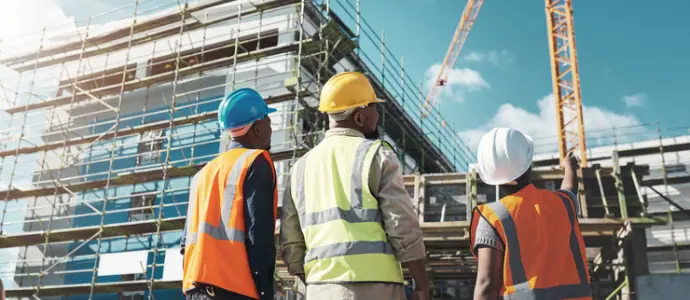 3 construction workers looking at a building